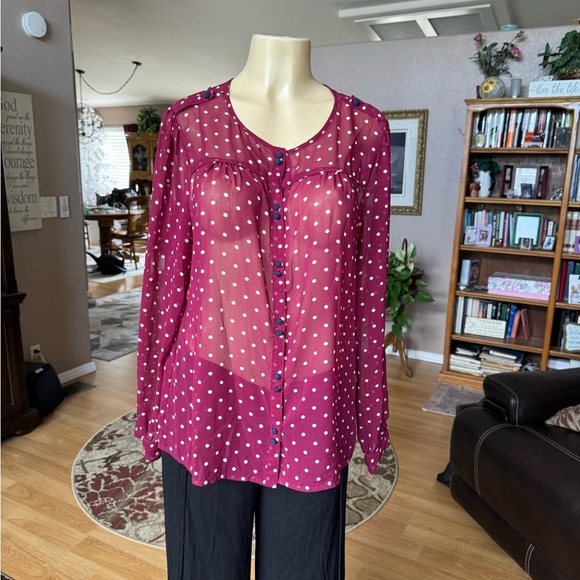 French Connection sheer red & white long sleeve blouse-size L - Picture 6 of 9